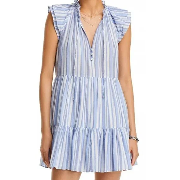 Trendy Easter Spring Veronica Beard Zee Blue White Striped Dress Tiered Ruffle S - Picture 1 of 16